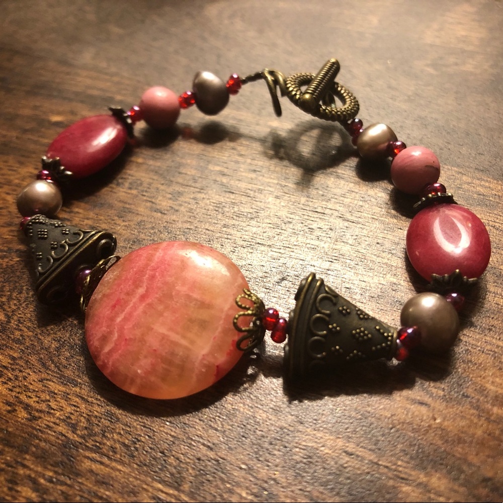 Pink Beaded, Stone, Metal Bracelet